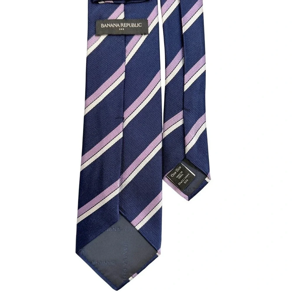 Banana Republic Mens‎ Silk Tie Navy Blue Purple White Stripe